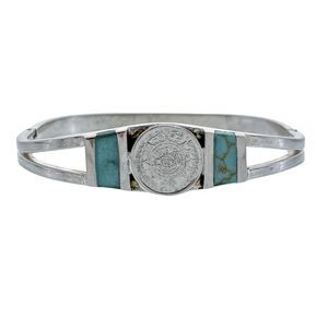 Vintage Sterling Silver 925 Aztec Calendar Magnesite Inlay Bracelet 6.5"